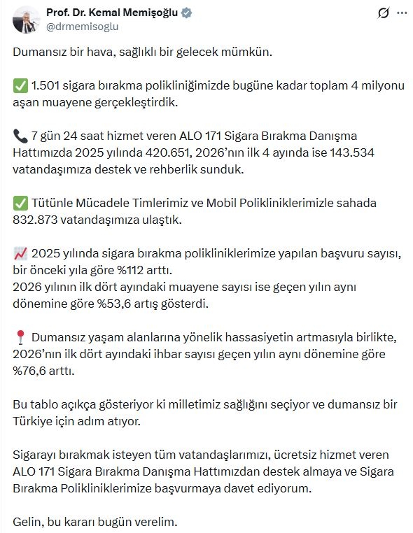 Bakan Memişoğlu: 1501 sigara bırakma polikliniğimizde 4 milyon muayene yapıldı 1