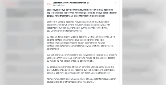 İletişim Başkanlığı: Sındırgı'da depremzedelere konteyner verilmediği iddiası yanlış