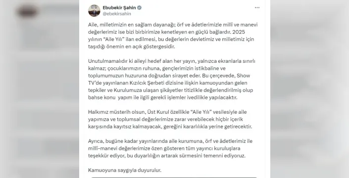 RTÜK Başkanı Şahin: Kızılcık Şerbeti dizisi için gerekli işlemler yapılacak
