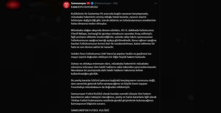 Samsunspor'dan hakem kararlarına sert tepki: 'Kabul edilemez hata'