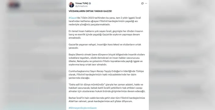 Adalet Bakanı Tunç: Sözde demokrasi savunucuları İsrail'in soykırımına karşı tavır almalı