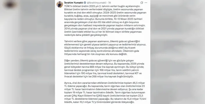 Bakan Yumaklı: Gıda ihtiyacında risk oluşması söz konusu değildir