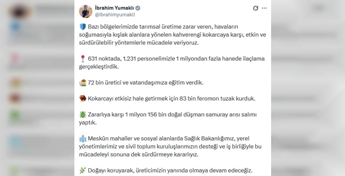 Bakan Yumaklı: Kahverengi kokarcaya karşı 1 milyondan fazla hanede ilaçlama yapıldı