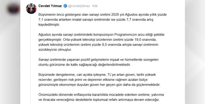 Cevdet Yılmaz: Ağustosta sanayi üretimi programımızın arzu ettiği şekilde gerçekleşti