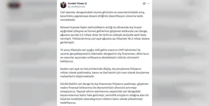 Cevdet Yılmaz: Cari işlemler dengesindeki olumlu görünüm enflasyonla mücadeleye katkı sağlıyor