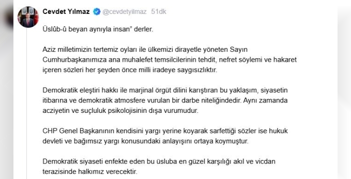 Cevdet Yılmaz: Muhalefetin hakaretleri milli iradeye saygısızlıktır