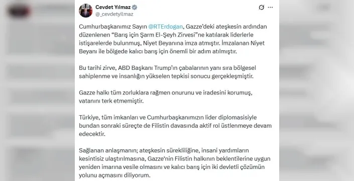 Cevdet Yılmaz: Türkiye Filistin davasında aktif rol üstlenmeye devam edecek