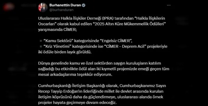 CİMER, 'Halkla İlişkilerin Oscarları'ndan İki Ödülle Döndü