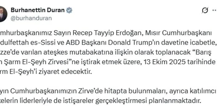 Cumhurbaşkanı Erdoğan, 'Barış için Şarm El-Şeyh Zirvesi'ne katılacak