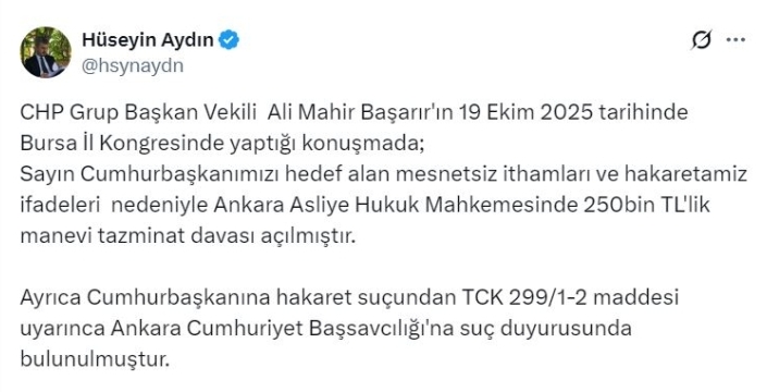 Cumhurbaşkanı Erdoğan'dan CHP'li Başarır'a tazminat davası