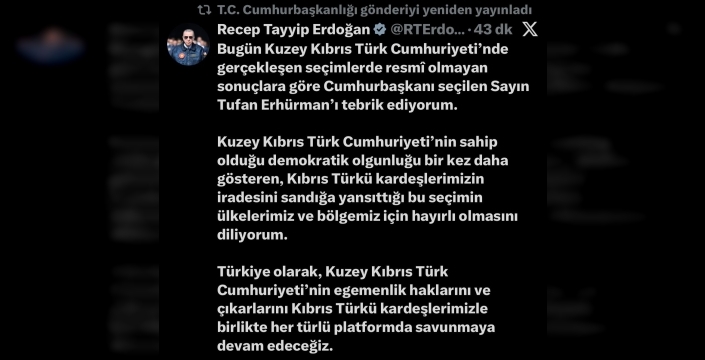 Cumhurbaşkanı Erdoğan, Tufan Erhürman'ı tebrik etti