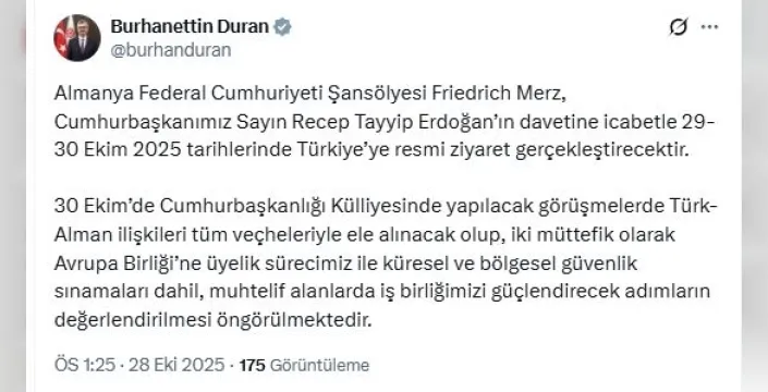 Friedrich Merz, 29-30 Ekim 2025te Türkiyeyi ziyaret edecek