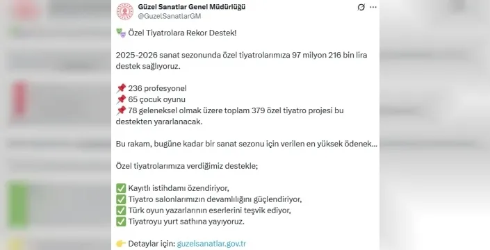 Kültür Bakanlığı, özel tiyatrolara rekor destek sağlıyor