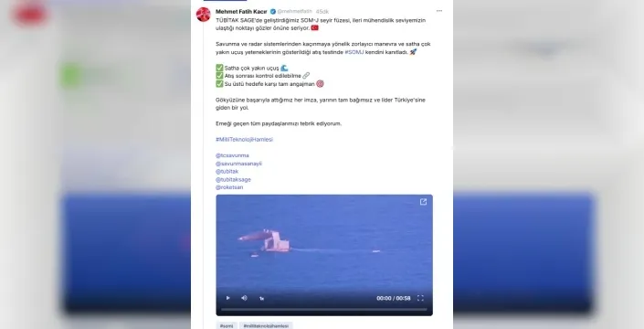 Sanayi ve Teknoloji Bakanı Kacır: SOM-J füzesinin atış testi başarıyla tamamlandı