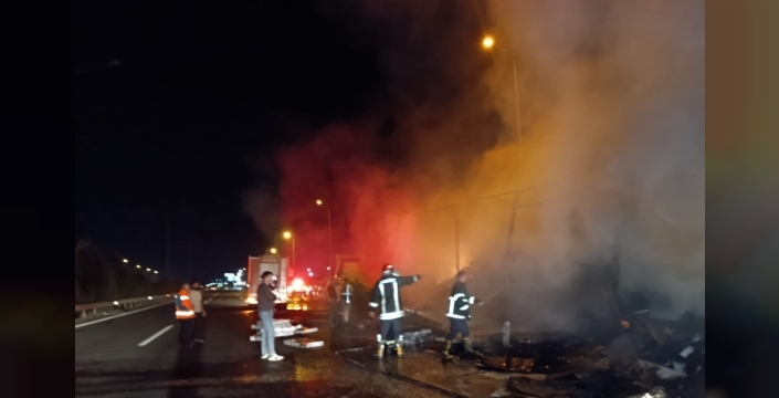 Şanlıurfa-Gaziantep karayolunda elektronik eşya yüklü TIR yandı