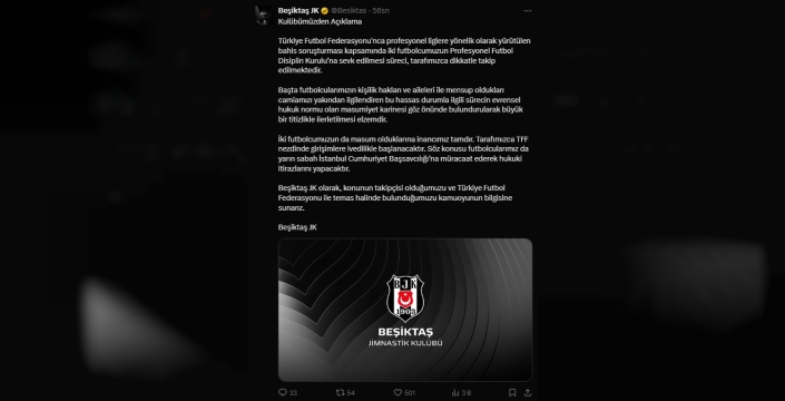 Beşiktaş'tan bahis skandalına yanıt: Futbolcularımızın temizliği tartışılmaz!