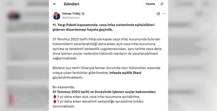 Adalet Bakanı Tunç'tan flaş açıklama: 11'inci Yargı Paketi ile binlerce hükümlüye özgürlük yolu açıldı