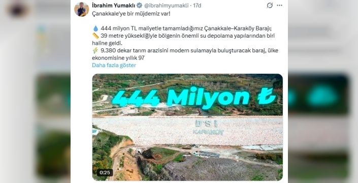 Çanakkale-Karaköy Barajı, yıllık 97 milyon TL'lik ekonomik getiri sağlayacak