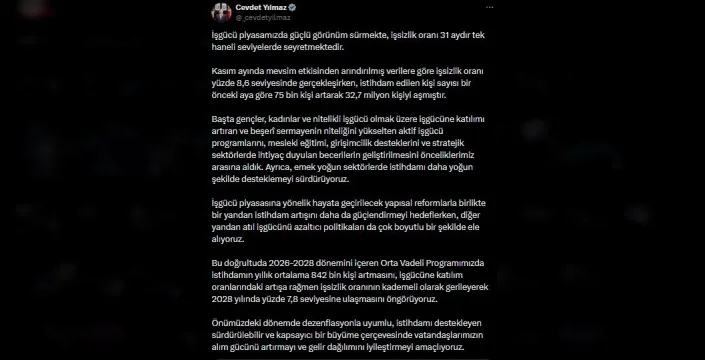 Cevdet Yılmaz duyurdu: Türkiye'nin işsizlik hedefi 2028'de %7,8'e inecek