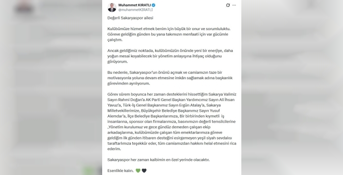 Sakaryaspor'da şok istifa! başkan Kıratlı görevi bıraktı