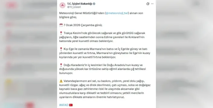 Bakanlıktan fırtına ve çığ tehlikesi uyarısı geldi