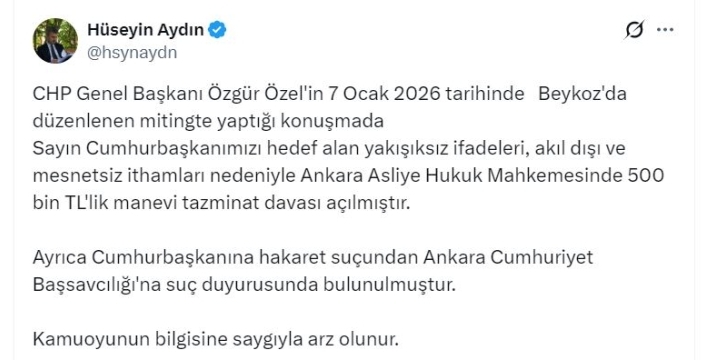 Cumhurbaşkanı Erdoğan, Özgür Özel'e 500 bin liralık tazminat davası açtı