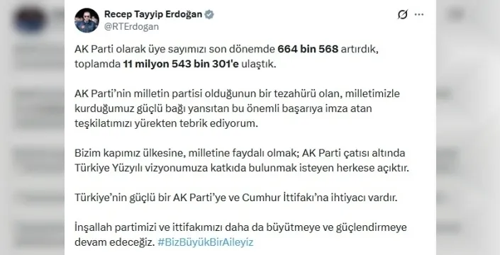 Erdoğan duyurdu: AK Parti üye sayısında rekor!