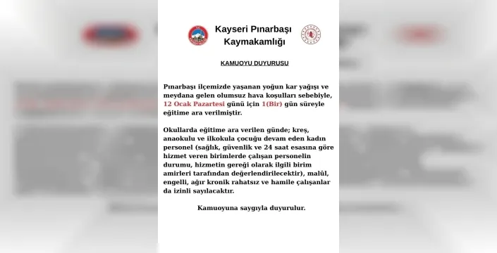 Kayseri'de yoğun kar nedeniyle okullar bir gün tatil edildi