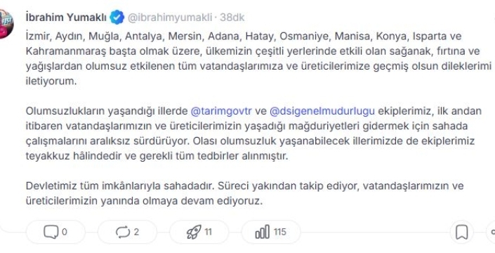 Bakan Yumaklı'dan sağanak ve fırtına uyarısı: Ekipler sahada, tedbirler alındı