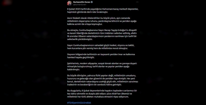 Burhanettin Duran: Deprem bölgesinde umutlar yeniden yeşerdi, milletimizin geleceği inşa edildi