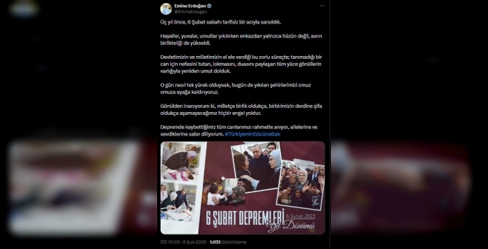 Emine Erdoğan'dan deprem yıldönümünde hüzünlü anma: 'Asrın birlikteliği yükseldi