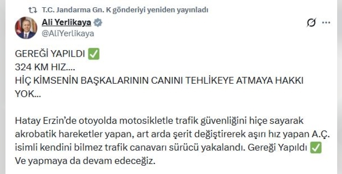 Hatay'da Akıl Almaz Hız: Motosikletle 324 km/s Yapan Sürücüye Ağır Ceza Yolda