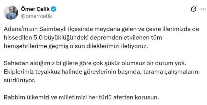 Adana'da 5 büyüklüğünde deprem hissedildi