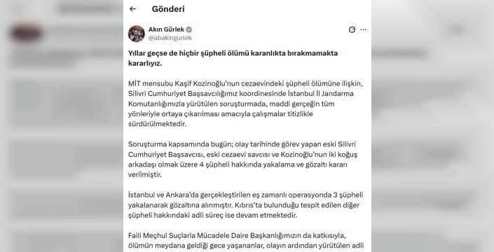 Bakan Gürlek'ten Kaşif Kozinoğlu soruşturması hakkında açıklama