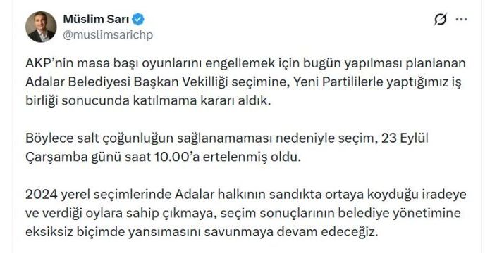 CHP, Adalar Belediyesi Başkan Vekilliği seçimlerine katılmayacak