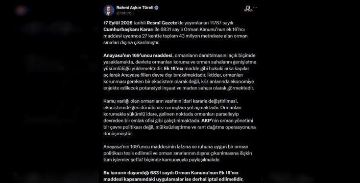 CHP'li Türeli: Orman yönetimi rant operasyonuna döndü