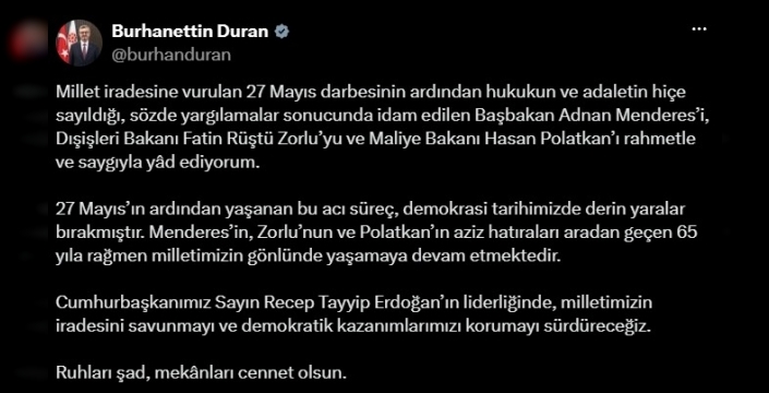 Duran, Menderes ve bakanlarını andı