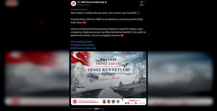 MSB'den Preveze Zaferi ve Deniz Kuvvetleri Günü paylaşımı