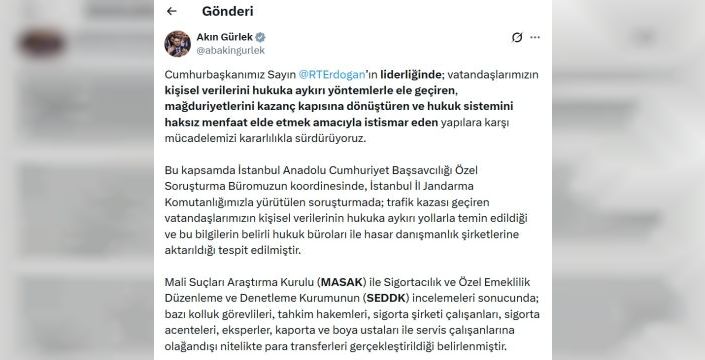 Trafik kazası mağdurlarının verileri için 825 kişiye soruşturma