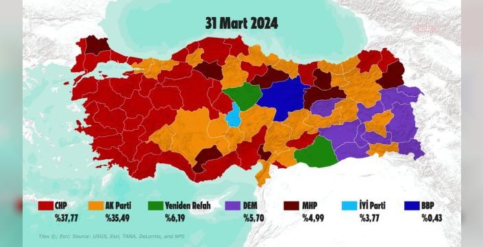 31 Mart 2024 yerel seçimlerinde 37 ilde parti değişikliği