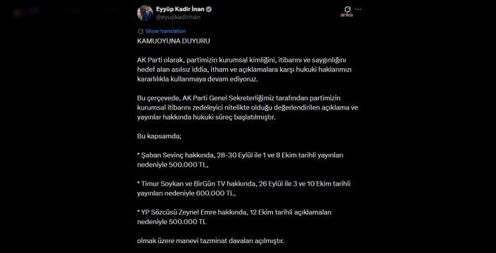 AK Parti, bazı gazeteci ve siyasetçilere dava açtı
