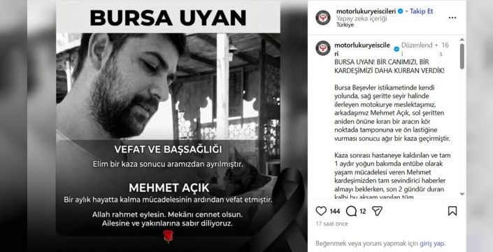 Bursa'da kaza sonucu hayatını kaybeden motokuryeye veda