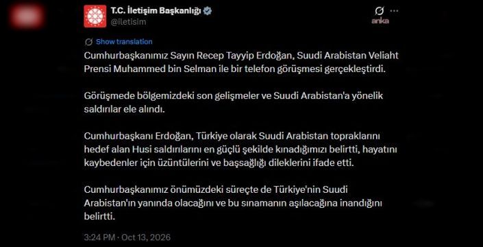 Cumhurbaşkanı Erdoğan, Veliaht Prens Selman ile telefonla görüştü