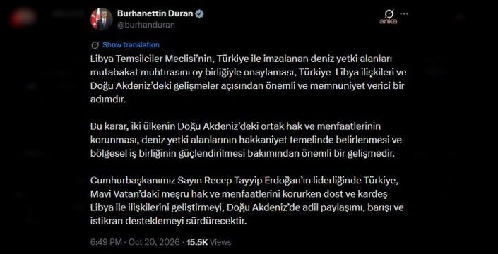 Duran: Libya'dan Türkiye ile deniz mutabakatı onayı memnuniyet verici