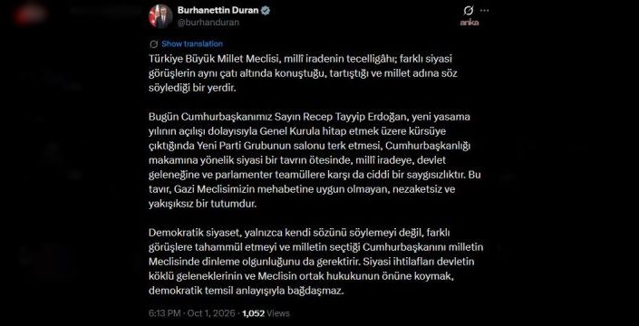 Duran: YENİ Parti'nin salonu terk etmesi yakışıksızdır
