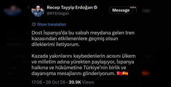 Erdoğan, İspanya'ya dayanışma mesajı gönderdi
