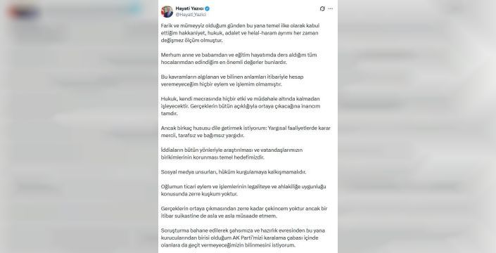 Hayati Yazıcı: Karalama çabalarına asla izin vermeyeceğiz