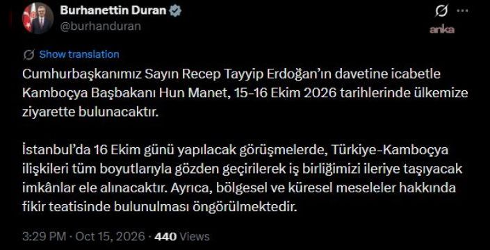 Kamboçya Başbakanı Hun Manet, Türkiye'ye resmi ziyarette bulunacak