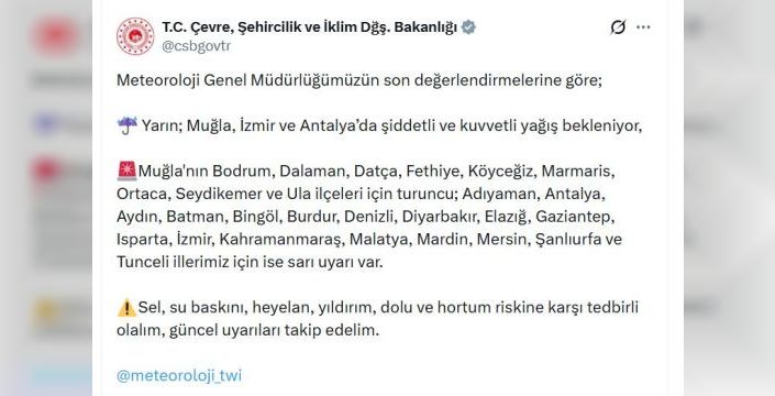 Muğla'nın 9 ilçesine turuncu, 18 ile sarı uyarı