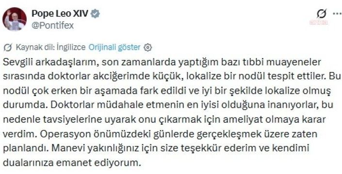 Papa 14. Leo akciğerindeki nodül için ameliyat olacak